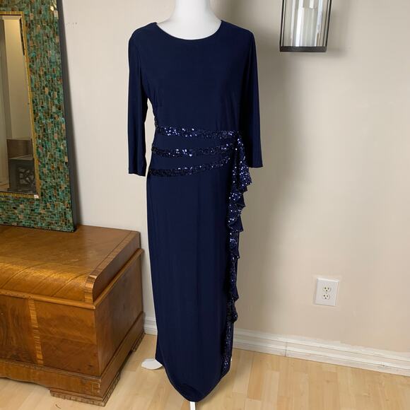 R&M Richards Size 16 Sequin Ruffle Maxi Dress Navy Blue Long Evening Stretch - Picture 2 of 9